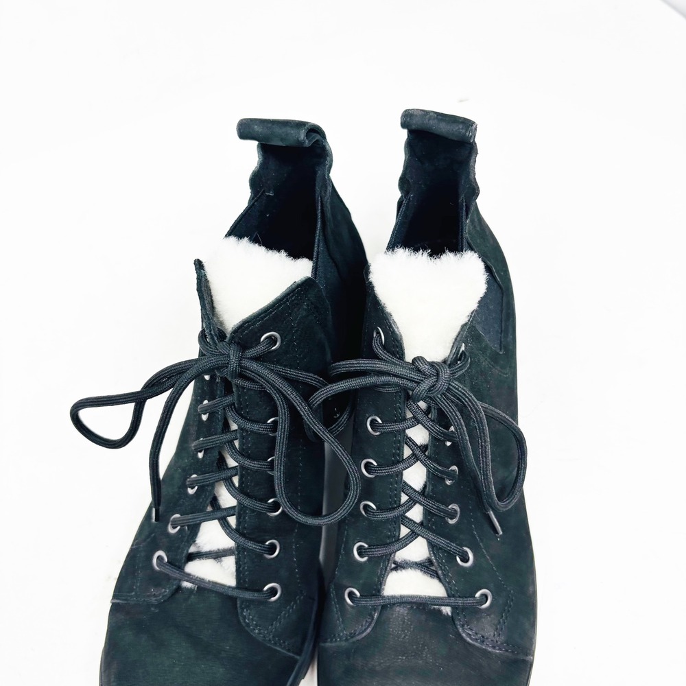 Eileen Fisher Black Suede Lamb Sherpa Fur Lace Up Boots Womens Size 7‎ - Picture 3 of 11